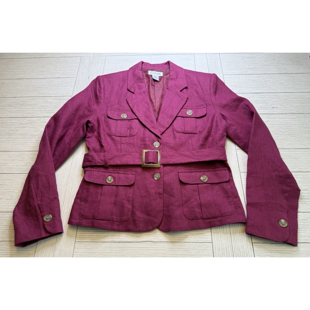 JG Hook VTG Linen Maroon‎ Belted Blazer Front Pockets Lined Wooden Buttons Sz 10